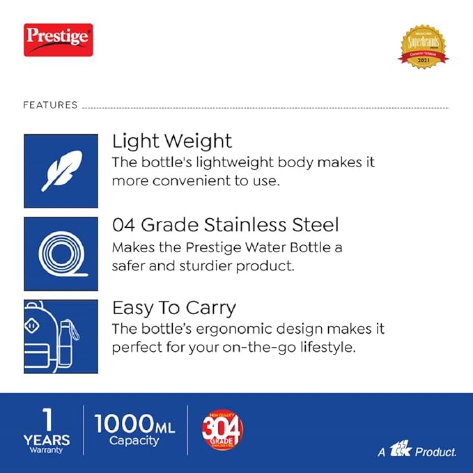 Prestige Stainless Steel SS Water Bottle, 1000 ml | Assorted