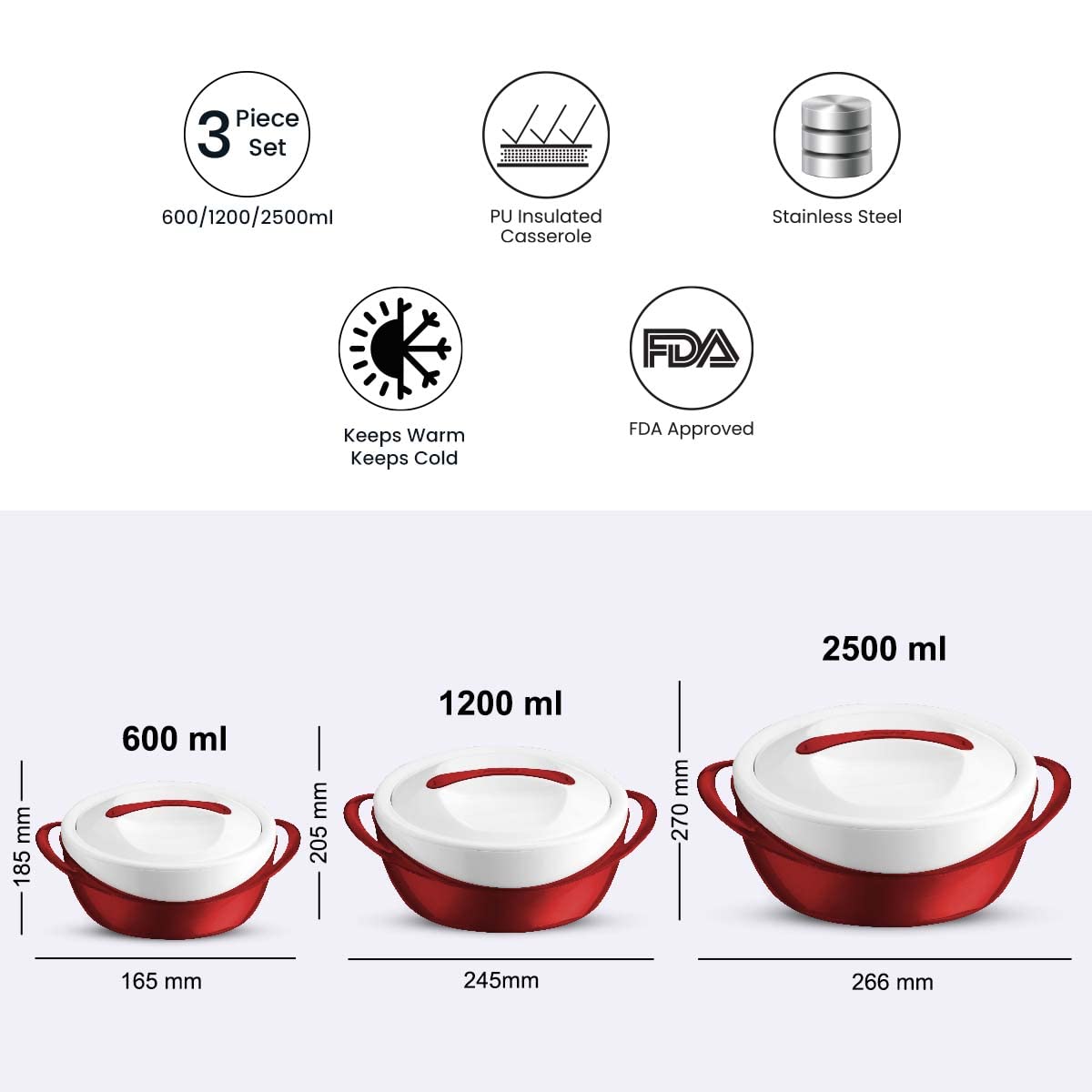 Pinnacle Panache Inner Stainless Steel Insulated Casserole |Casserole Set| Set of 3 Pcs-C576
