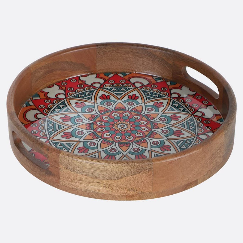 Softel Handcrafted Premium Ornamental Mandala Wooden Round Serving Tray - 2