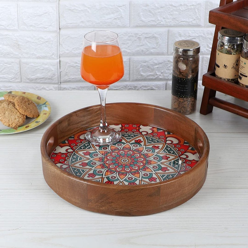Softel Handcrafted Premium Ornamental Mandala Wooden Round Serving Tray - 1