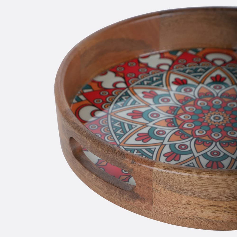 Softel Handcrafted Premium Ornamental Mandala Wooden Round Serving Tray - 5