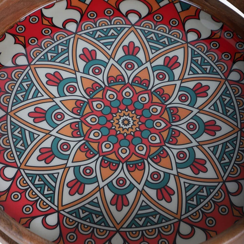 Softel Handcrafted Premium Ornamental Mandala Wooden Round Serving Tray - 4