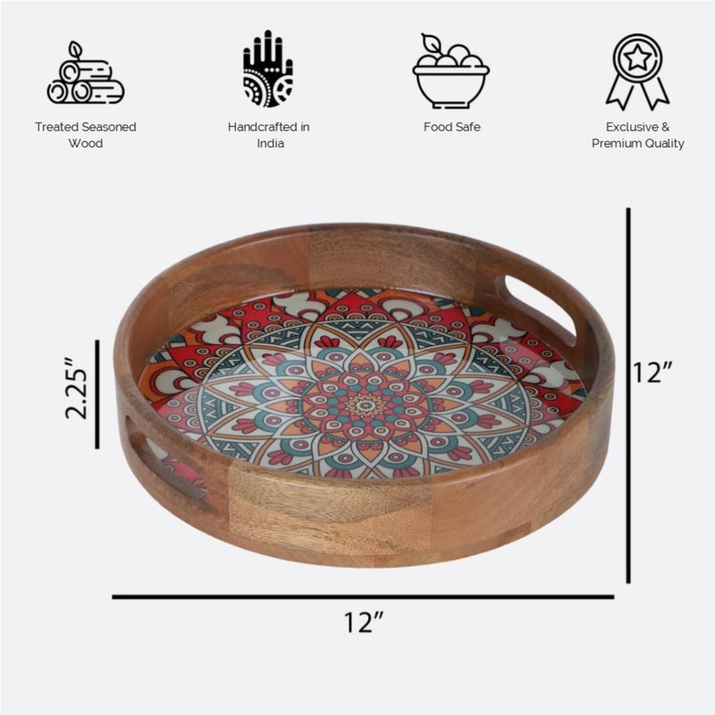 Softel Handcrafted Premium Ornamental Mandala Wooden Round Serving Tray - 6