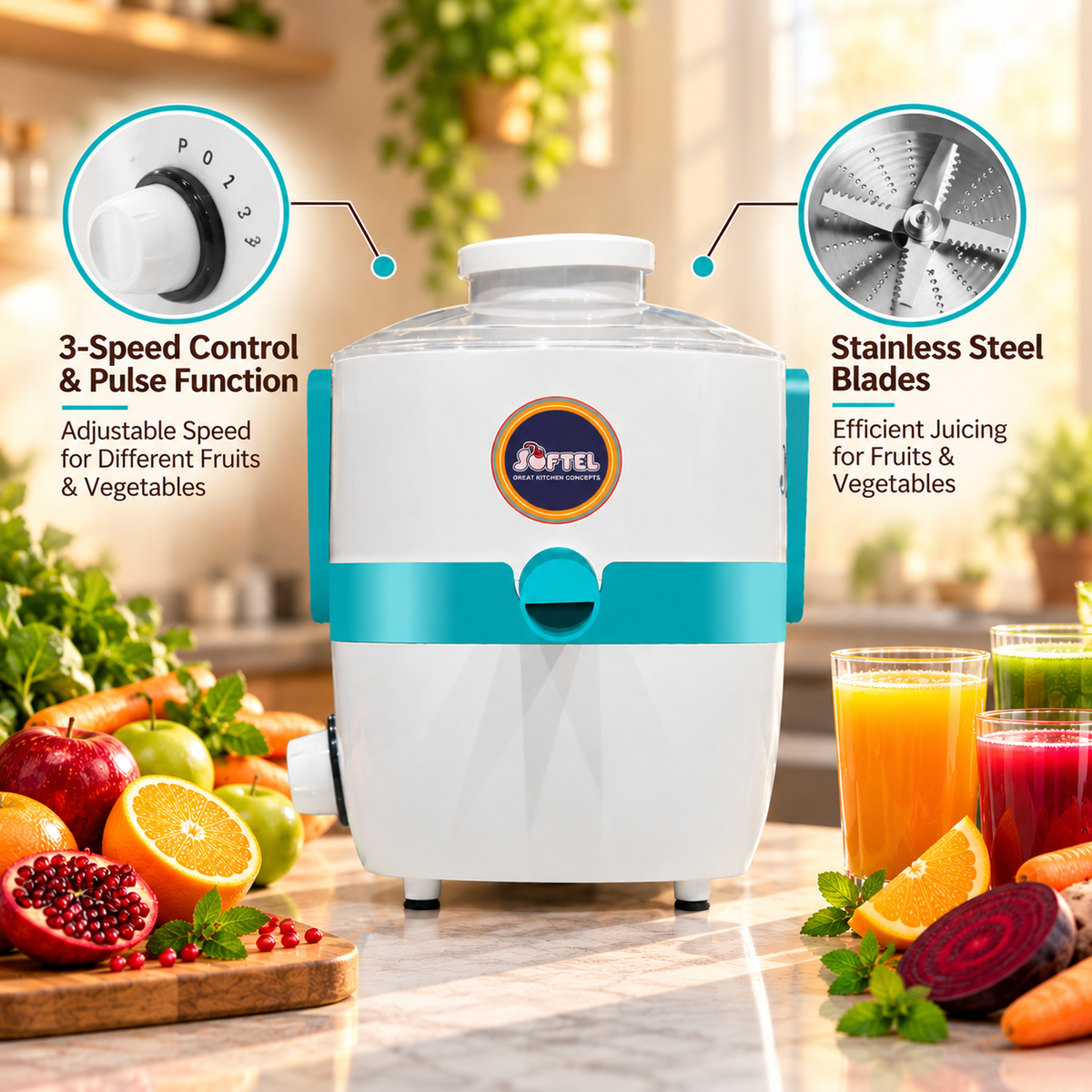 Softel Centrifugal Juicer Sr. 600 Watts – Fresh Juice Made Easy | Fruit and Vegetable Juicer