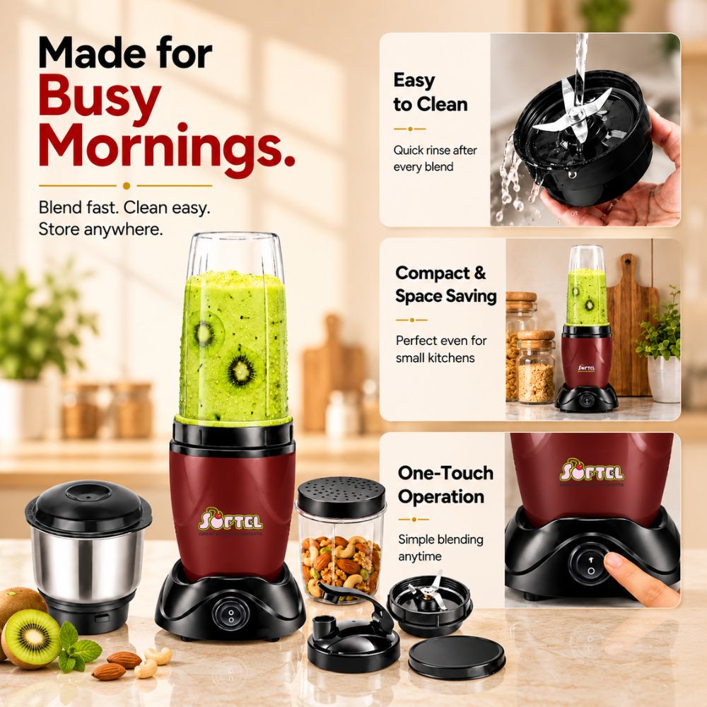Softel Nutri Blender 400 Watts Mixer Grinder with 2 Multipurpose Jars | Chutney Jar | 100% Full Copper Motor