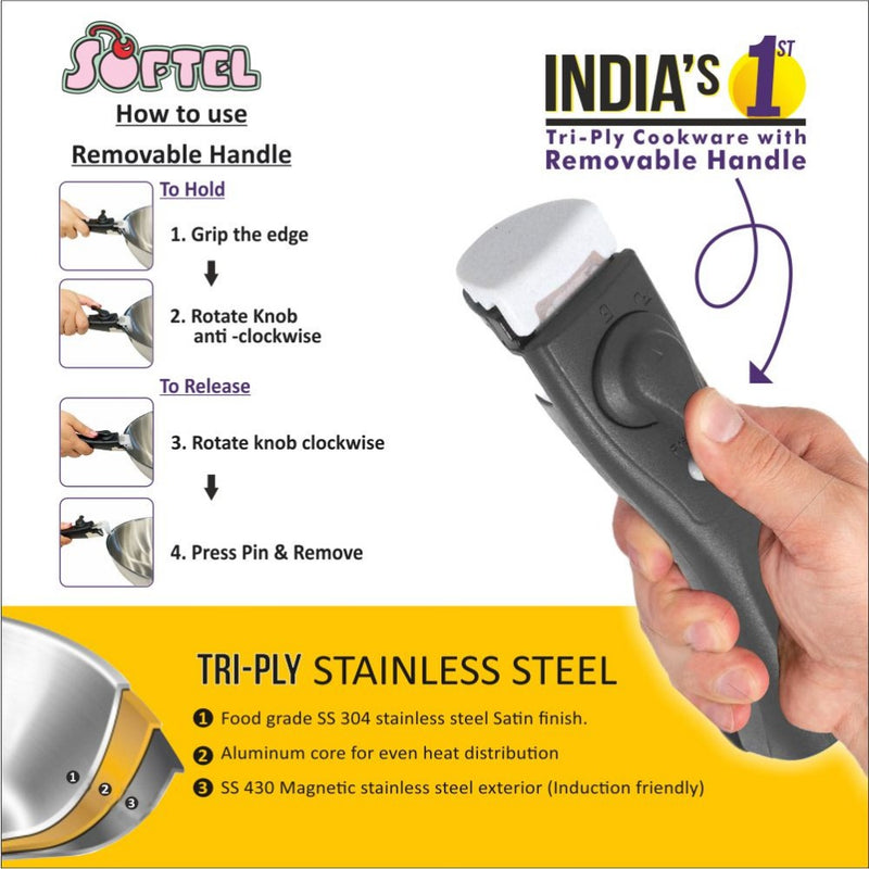 Softel Tri-Ply Stainless Steel kadhai | Gas & Induction Compatible | Silver - 3