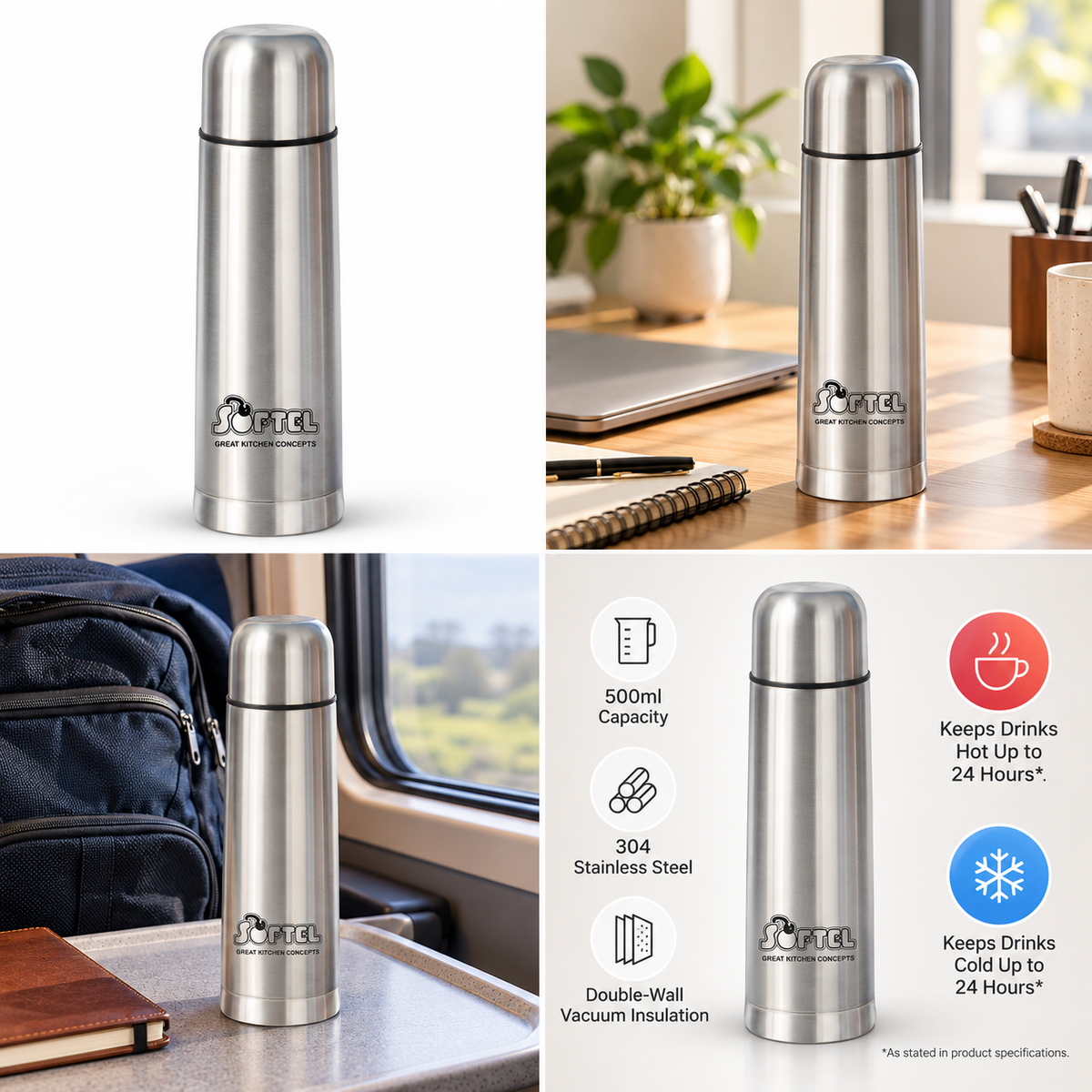 Softel Thermosteel 500ml Vacuum Flask for Hot & Cold Drinks | Insulated Stainless Steel Bottle for Office, Travel & Gifting | 1 Pc