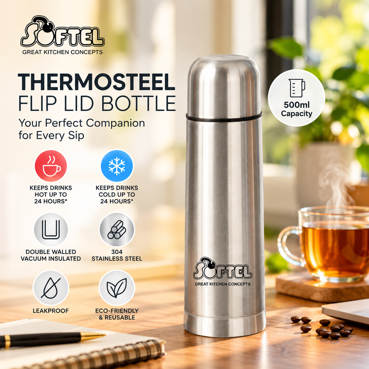 Softel Thermosteel 500ml Vacuum Flask for Hot & Cold Drinks | Insulated Stainless Steel Bottle for Office, Travel & Gifting | 1 Pc