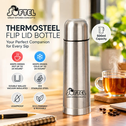 Softel Thermosteel 500ml Vacuum Flask for Hot & Cold Drinks | Insulated Stainless Steel Bottle for Office, Travel & Gifting | 1 Pc