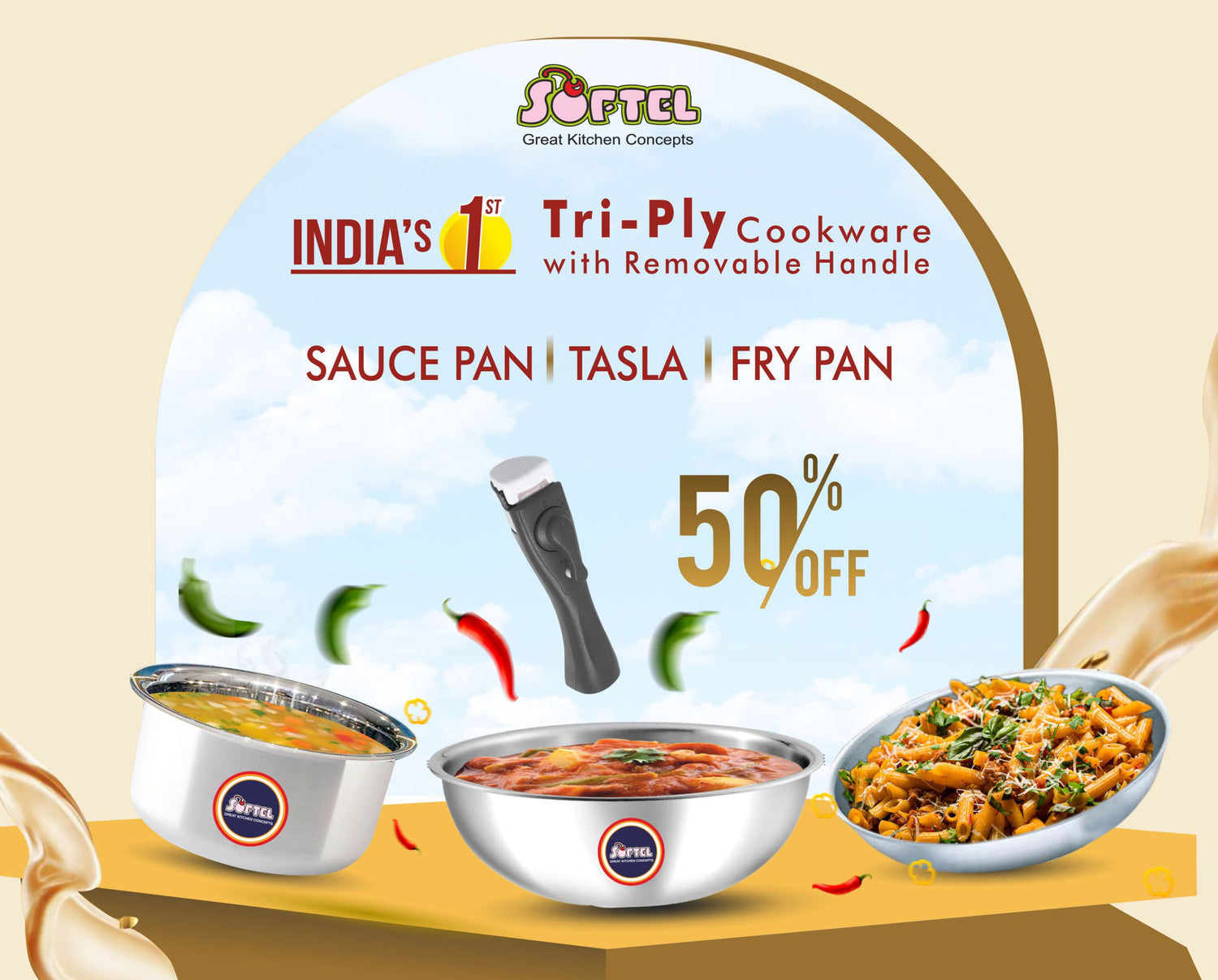 Softel Tri-Ply Cookware Combo with Removable Handle (20 cm Tasla + 22 cm Fry Pan + 1 Litre Sauce Pan + Removable Handle) | Gas & Induction Compatible | Set of 4 Pcs