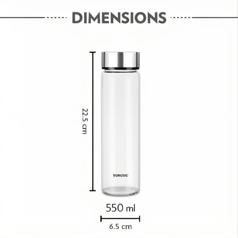 Borosil Neo Slim 550 ML Borosilicate Glass Bottle with Stainless Steel Lid | 1 Pc | Silver OR Black Lid