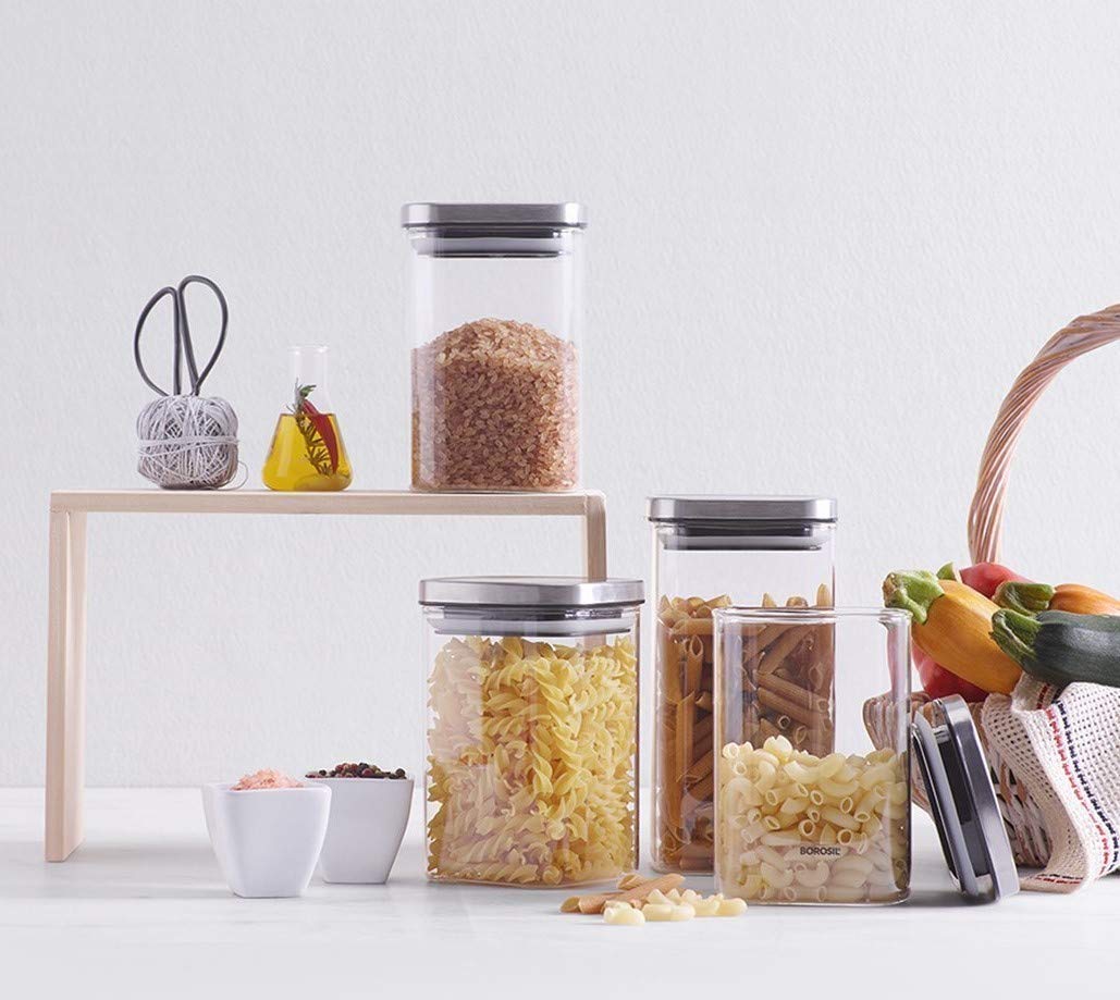 Borosil Classic Square 1400 ML Glass Jar | Transparent | 1 Pc