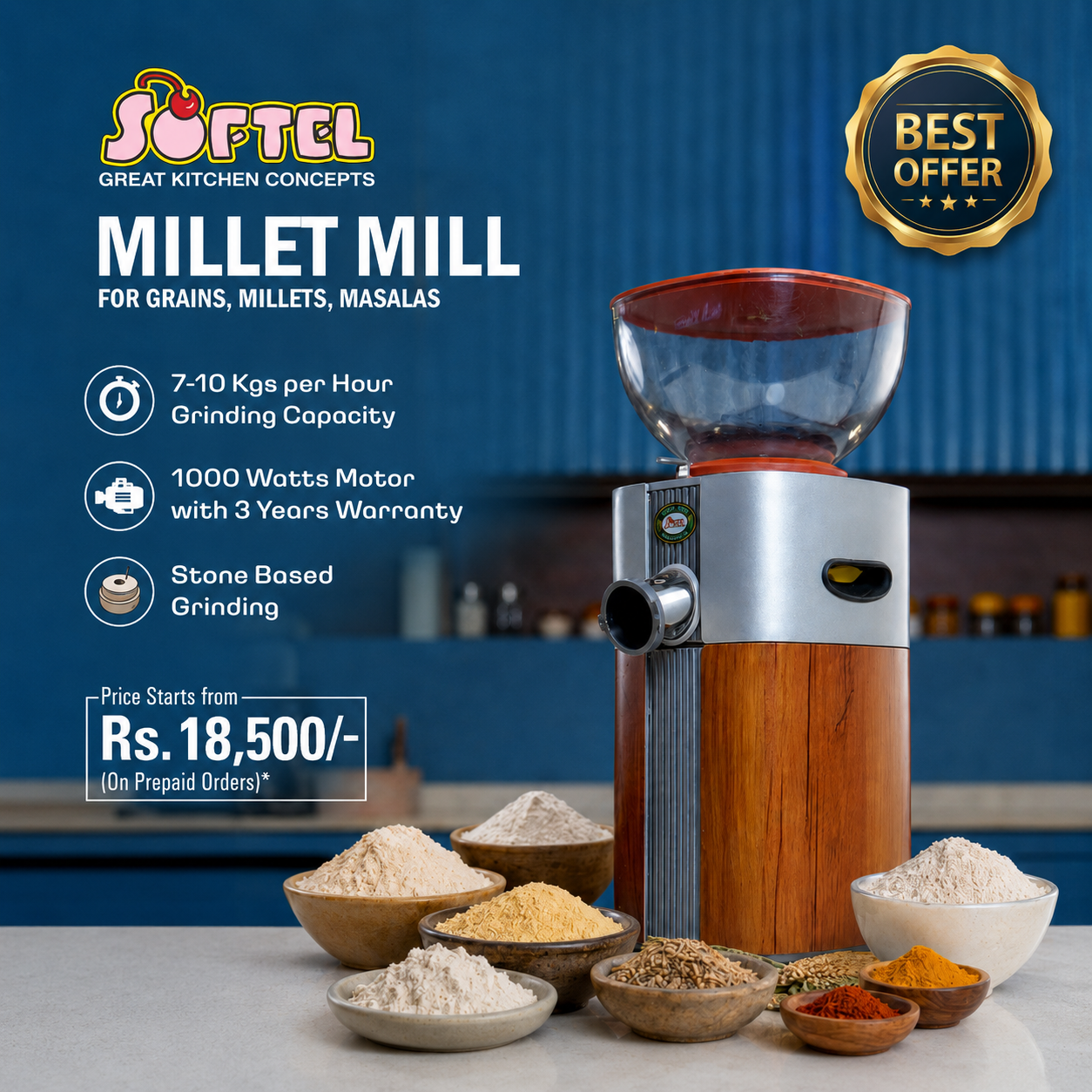 Softel Multi Grain Millet Mill | Atta Chakki | Stone Based Flour Mill & Masala Grinder for Home | Auto Clean | 7.5–10 Kgs/Hour | Energy Efficient