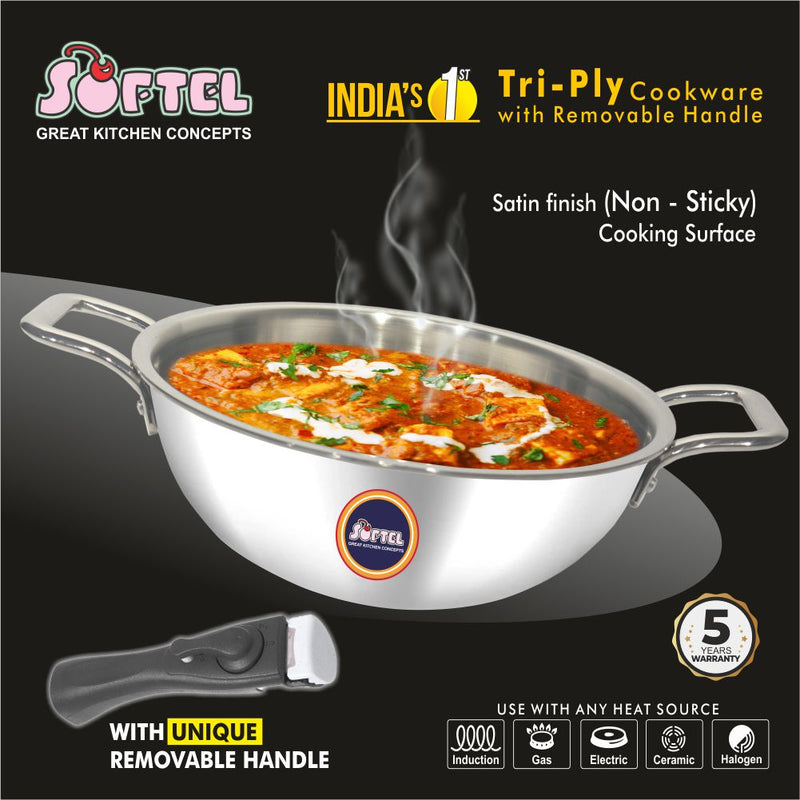 Softel Tri-Ply Stainless Steel kadhai with Removable Handle | Gas & Induction Compatible | Silver  - 4