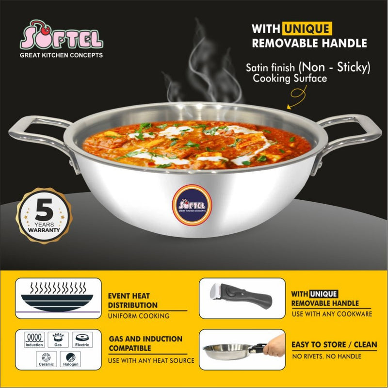 Softel Tri-Ply Stainless Steel kadhai with Removable Handle | Gas & Induction Compatible | Silver - 3