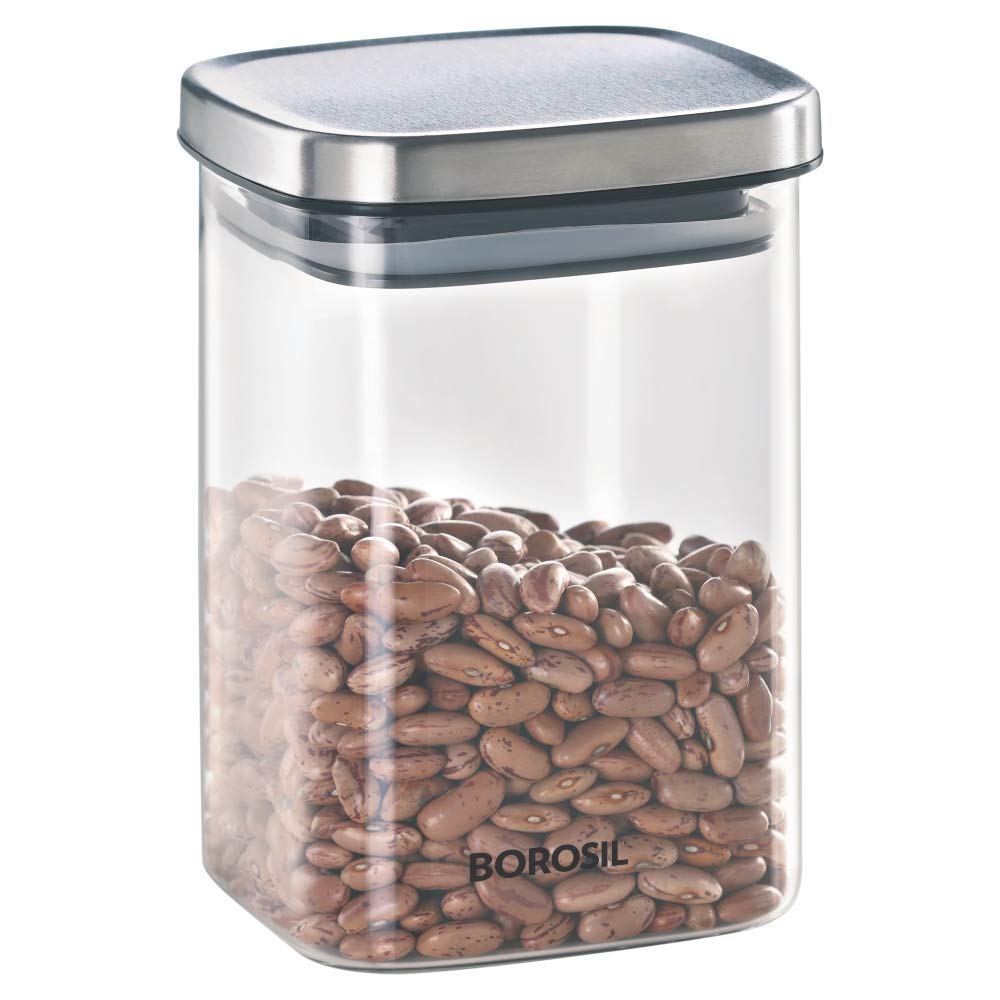 Borosil Classic Square 1400 ML Glass Jar | Transparent | 1 Pc