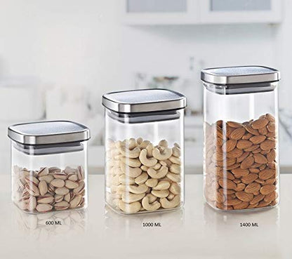 Borosil Classic Square 1400 ML Glass Jar | Transparent | 1 Pc