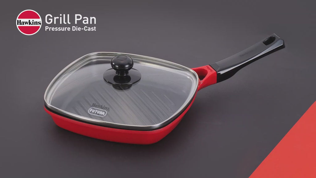 Hawkins Die Cast Non Stick 26 cm Grill Pan with Glass Lid | Red & Black