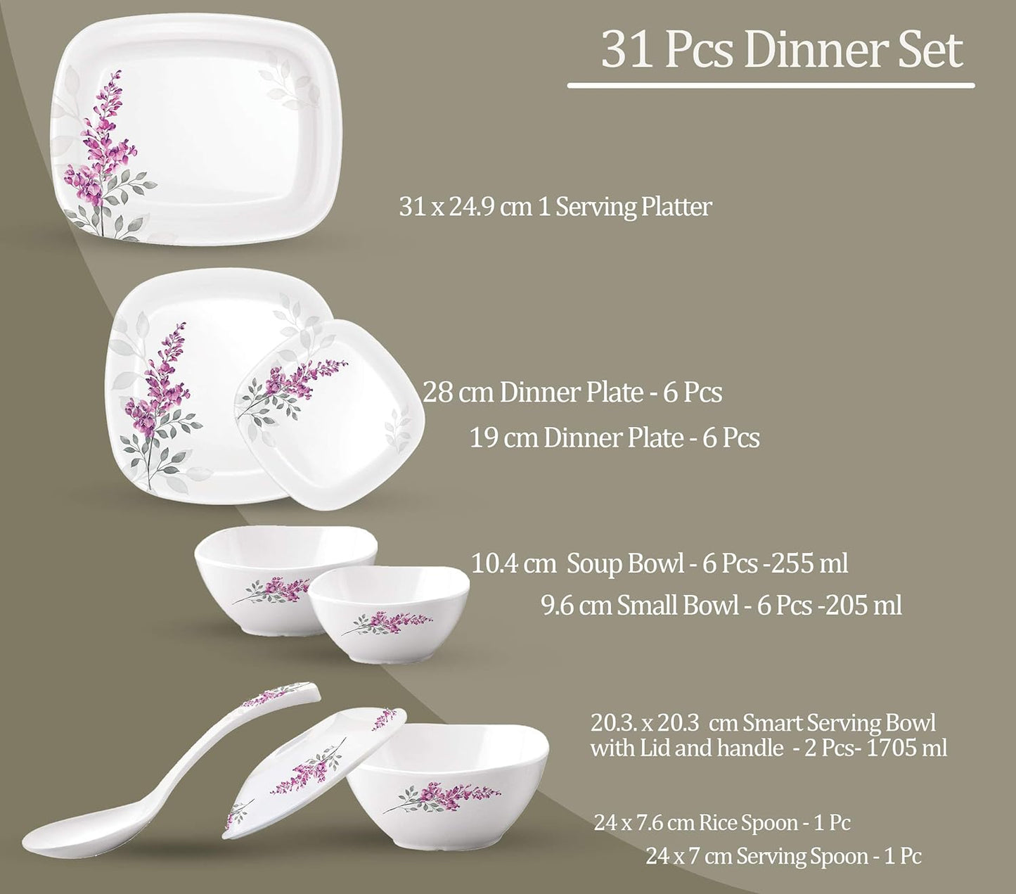 मिल्टन मेलामाइन स्क्वेअर राउंड 31 पीसी डिनर सेट | 31 Pcs चा संच | MIL0008