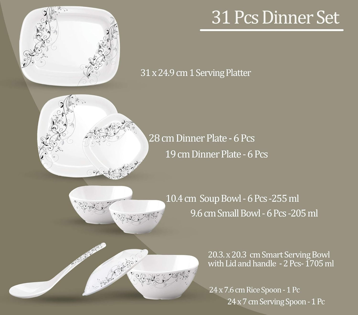 मिल्टन मेलामाइन स्क्वेअर राउंड 31 पीसी डिनर सेट | 31 Pcs चा संच | MIL0008