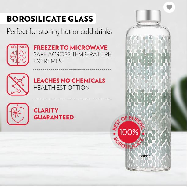Borosil Artisan Series 550 ML Vista Glass Bottle with Silver Lid | 1 Pc only at www.rasoishop.com