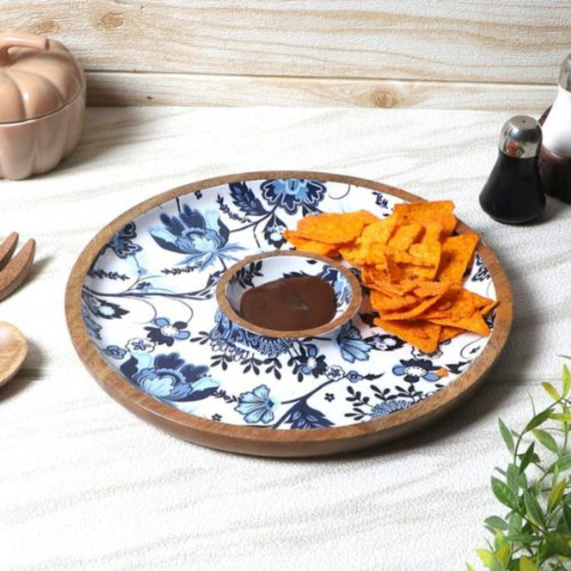 Softel Wooden Round Chip & Dip Platter - 12