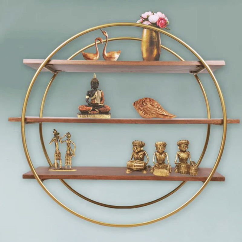 Softel Decorative Circular Wall Shelf in Walnut with Golden Metal Frame - 1