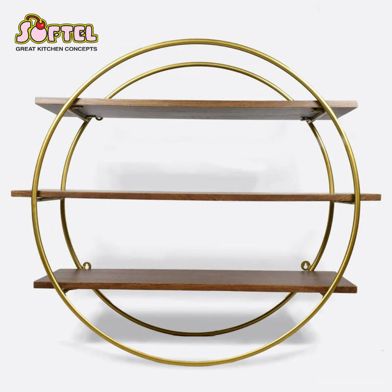 Softel Decorative Circular Wall Shelf in Walnut with Golden Metal Frame - 3