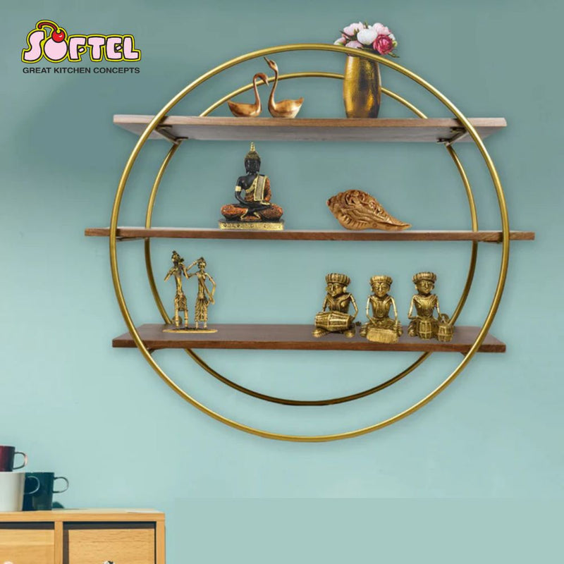 Softel Decorative Circular Wall Shelf in Walnut with Golden Metal Frame - 6