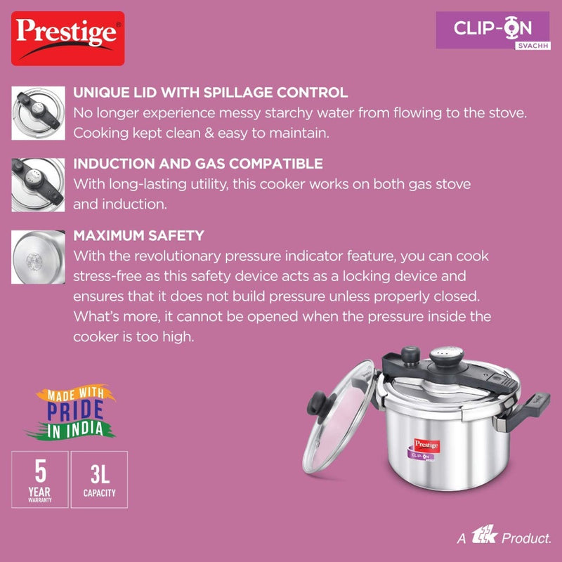 Prestige Clip-on Svachh Stainless Steel Pressure cooker with Glass Lid - 12