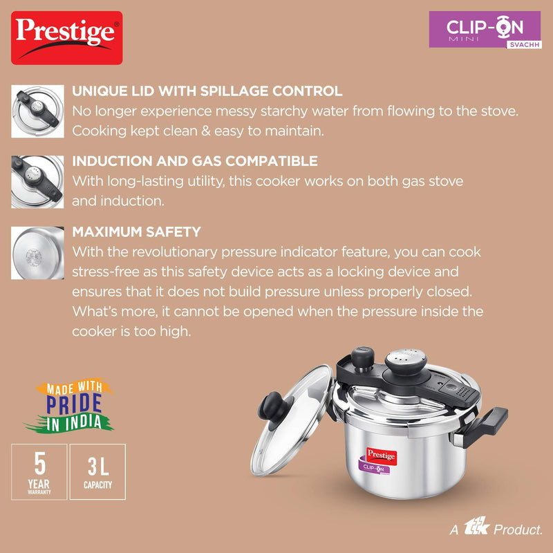 Prestige Clip-on Mini Svachh Stainless Steel Pressure Cookers with Glass Lid