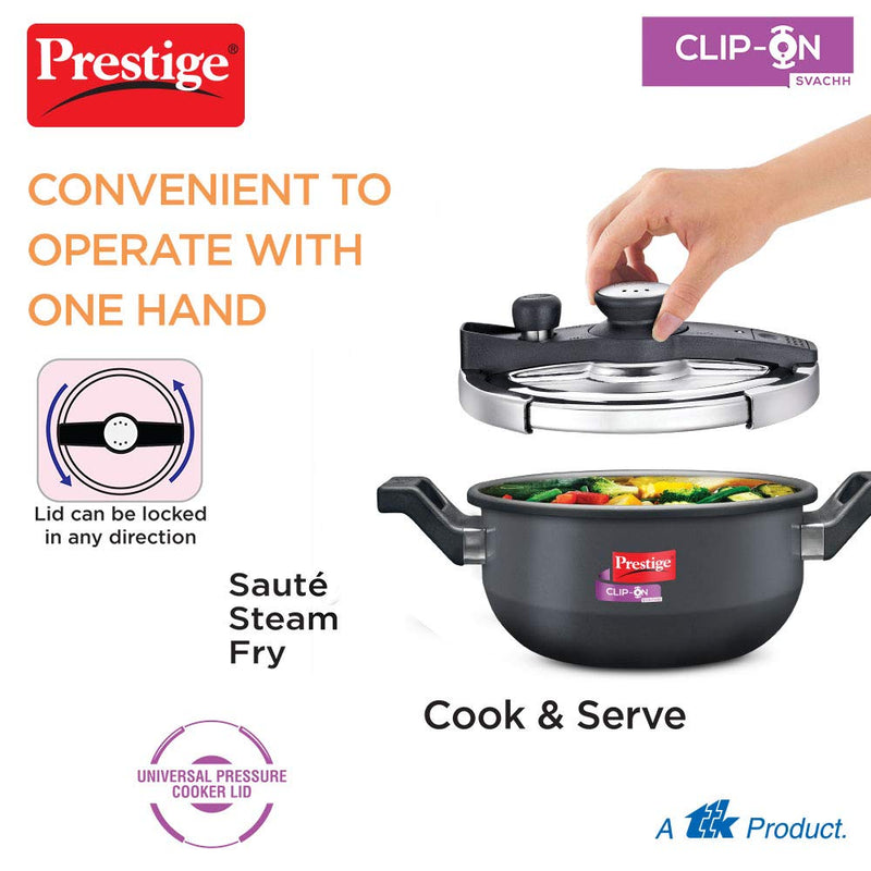 Prestige Clip-on Svachh Induction Base Aluminum Pressure cooker with Glass Lid | Hard Anodised