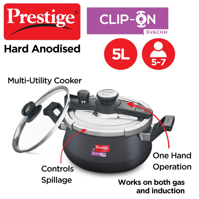 Prestige Clip-on Svachh Hard Anodized Aluminium Handi Pressure cooker with Glass Lid