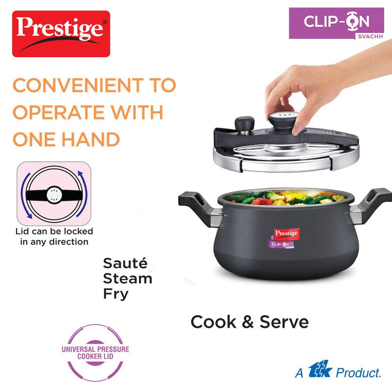 Prestige Clip-on Svachh Hard Anodized Aluminium Handi Pressure cooker with Glass Lid