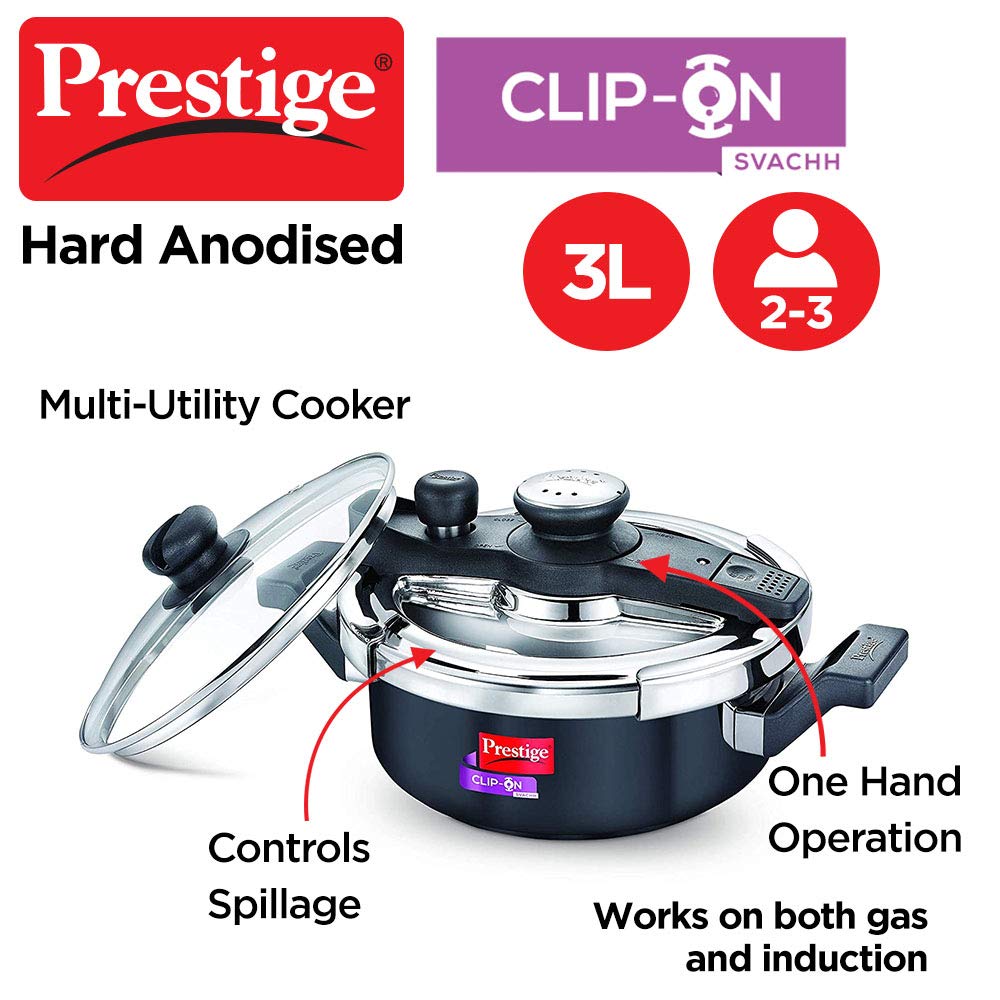 Prestige Clip-on Svachh Induction Base Aluminum Pressure cooker with Glass Lid Hard Anodised