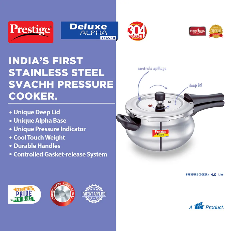 Prestige Deluxe Alpha Svachh Stainless Steel Handi Pressure Cooker - 13