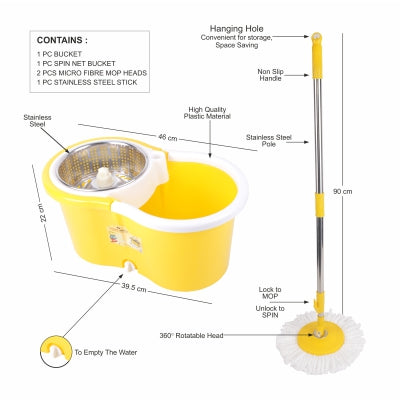 Classy Touch 360 Spin Mop Bucket Set, Adjustable Mop Pole Push & Pull Rotation Automatic Water Wash Mop for Home Kitchen Floor Cleaning - Yellow