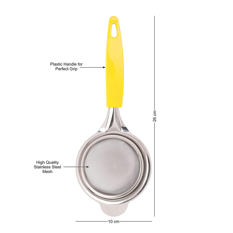 Classy Touch Fine Mesh Stainless Steel Tea Strainer with Non Slip Handle (Yellow) |  Ideal Size for Straining Teas and Cocktails or Sifting Flour, Sugar, Spices, and Herbs