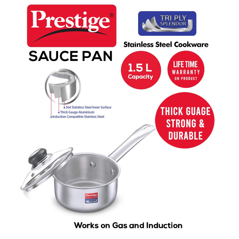 Prestige Stainless Steel Tri Ply Splendor Sauce Pan With Glass Lid