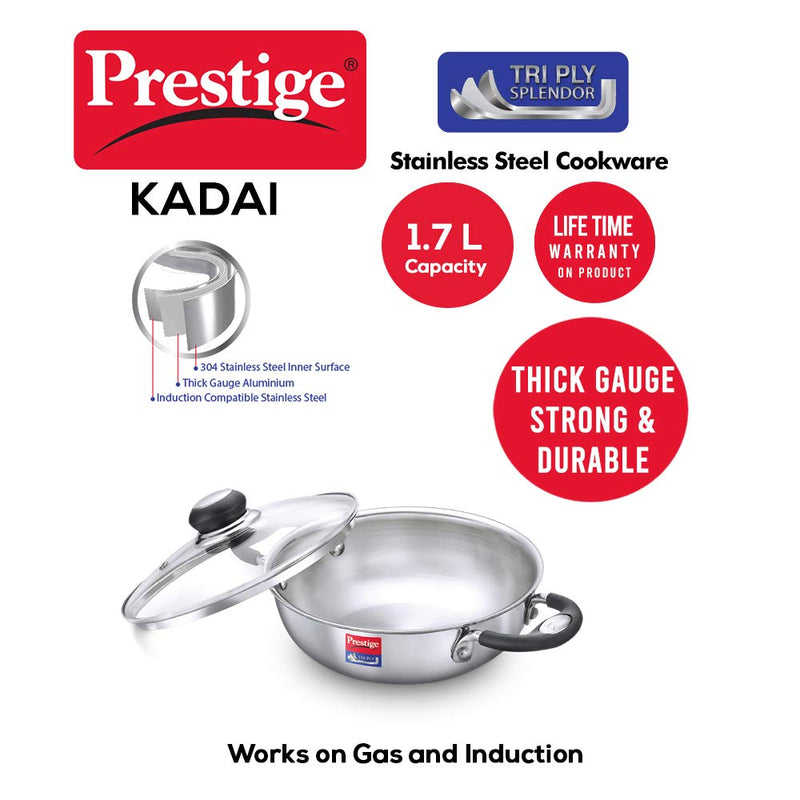 Prestige Stainless Steel Tri Ply Splendor Kadai with Glass Lid | Silver