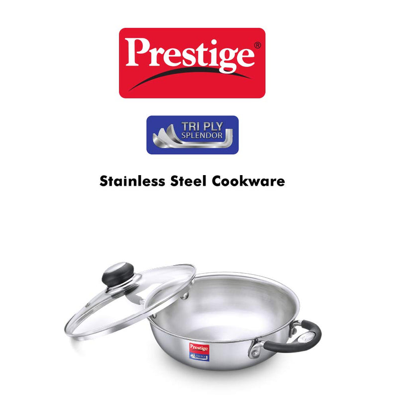 Prestige Stainless Steel Tri Ply Splendor Kadai with Glass Lid | Silver