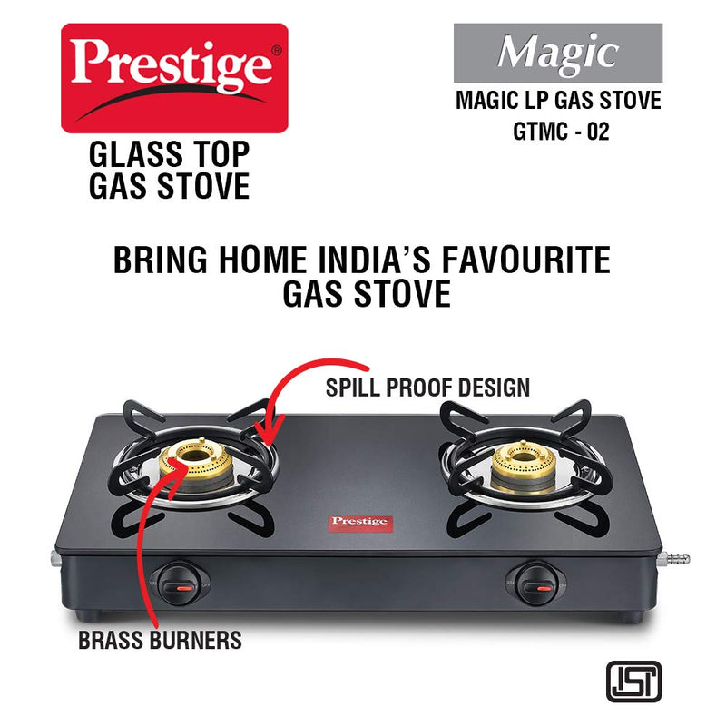 Prestige Magic Glass Top 2 Burner Gas Stove, Manual Ignition, Black