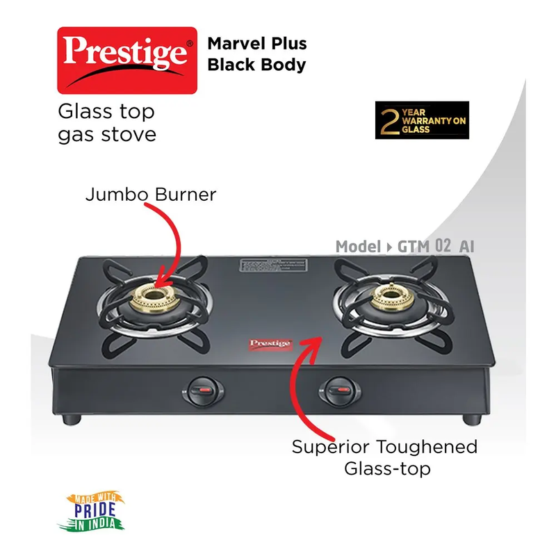 Prestige Marvel Plus GTM02 Toughened Glass Top 2 Burners Gas Stove - 2