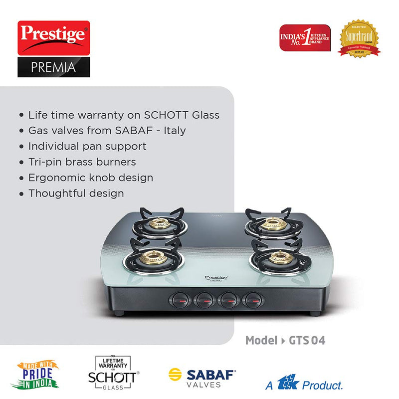 Prestige Premia Schott Glass Top 4 Burners Gas Stove Black & White