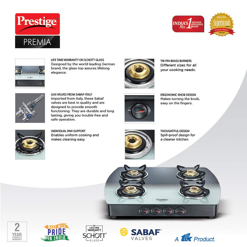Prestige Premia Schott Glass Top 4 Burners Gas Stove Black & White