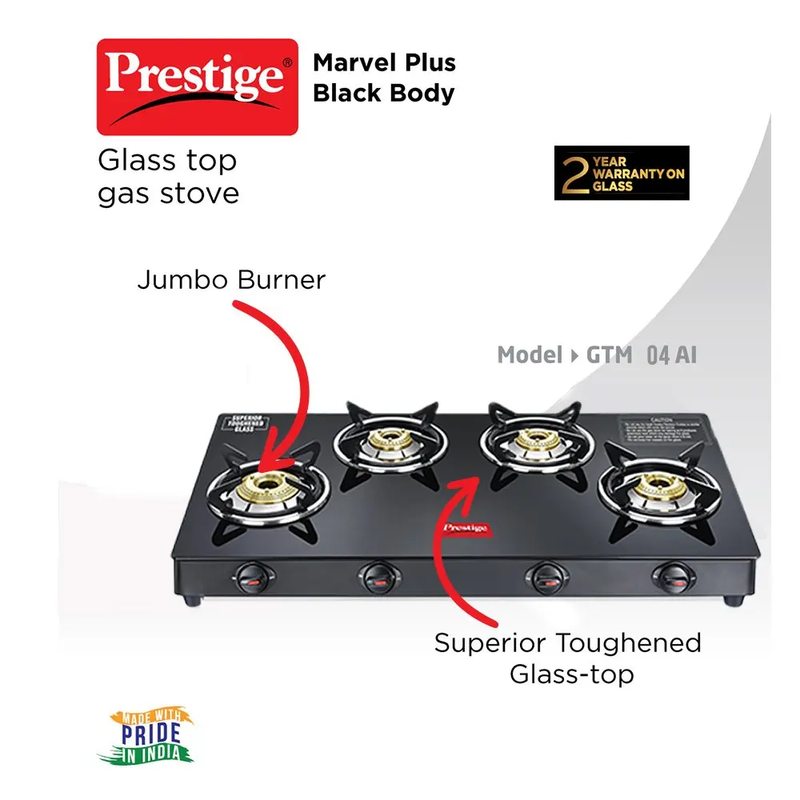 Prestige 4 Burner Marvel Gas Stove - Toughened Glass - 2 Years Warranty - 4 Burner spacious Gas Stove