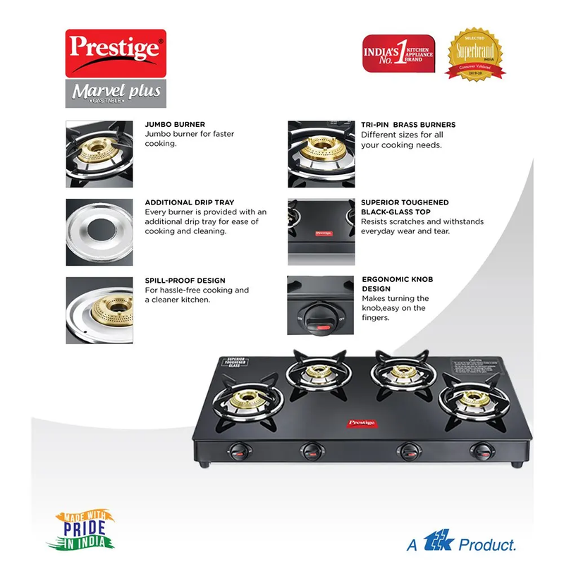 Prestige Marvel Plus 4 Burner Gas Stove GTM 04 Black