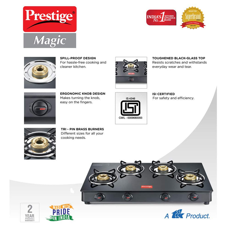 Prestige Magic Glass Top 4 Burners Gas Stove Black