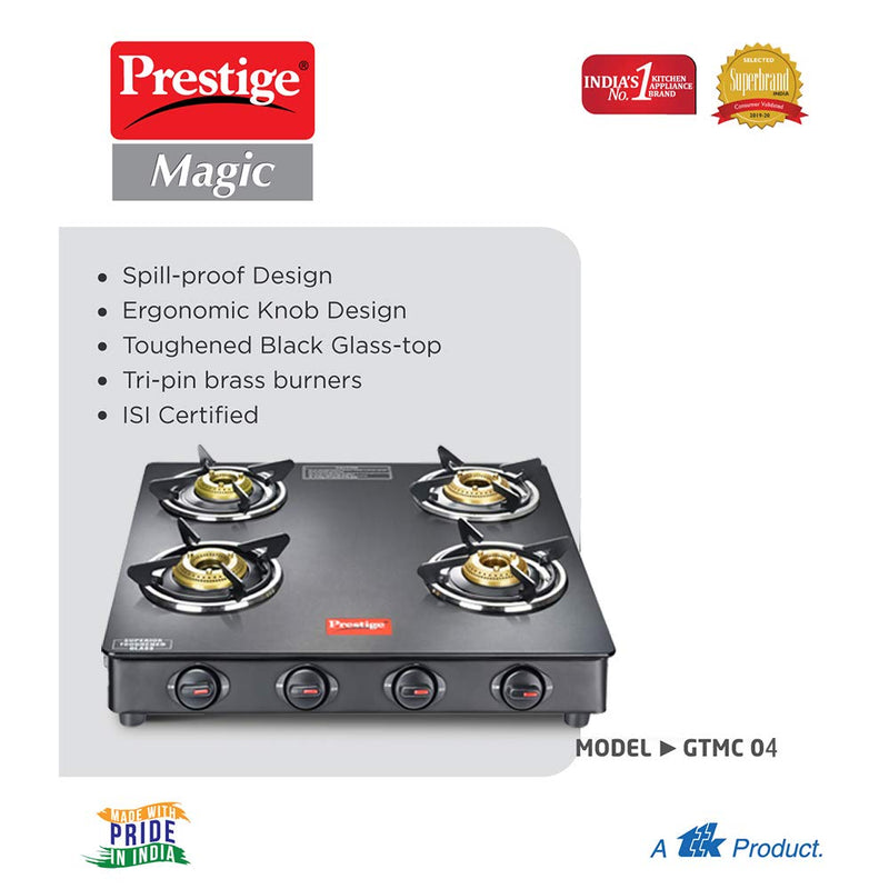 Prestige Magic GTMC 04 SQ Glass Top Gas stove, Black, 4 Burners