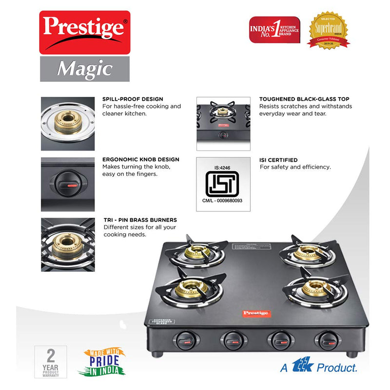 Prestige Magic GTMC 04 SQ Glass Top Gas stove, Black, 4 Burners
